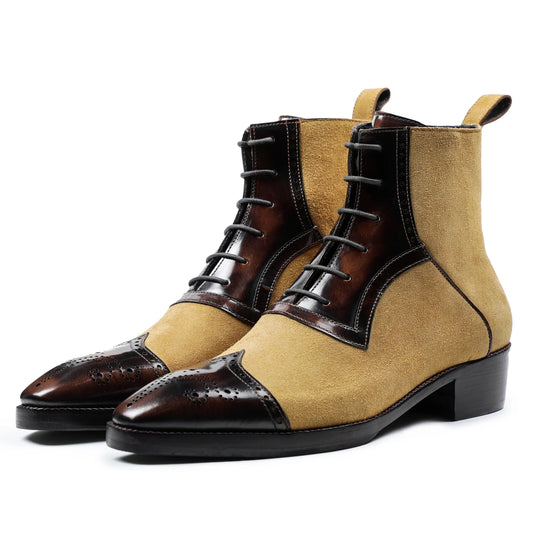 Dornford Heritage Contrast Brogue Boots – Sand Suede & Dark Brown Leather