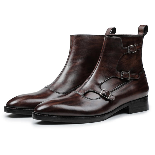 Dornford Espresso Patina Triple Monk Strap Boots – Deep Brown Hand-Finished Leather