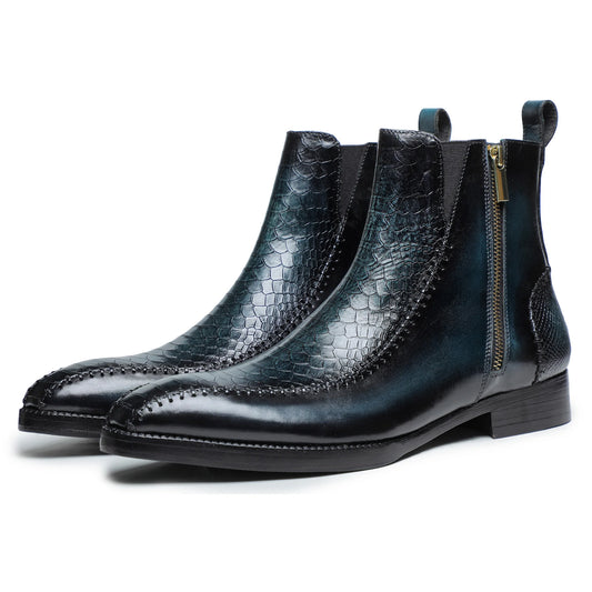 Dornford Croc-Texture Zip Boots – Midnight Teal Patina