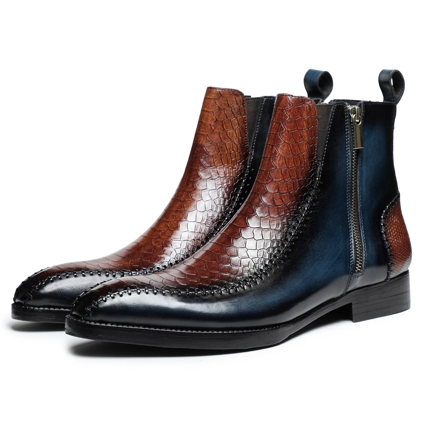 Dornford Dual-Tone Croc Zip Boots – Chestnut & Midnight Blue
