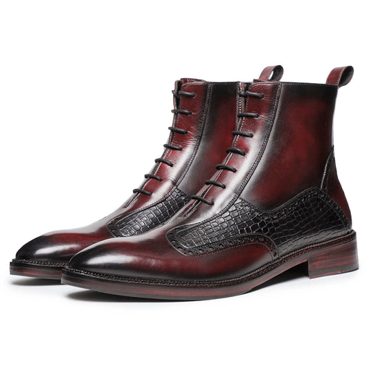 Dornford Wingtip Croc-Panel Lace-Up Boots – Oxblood Burnished Finish
