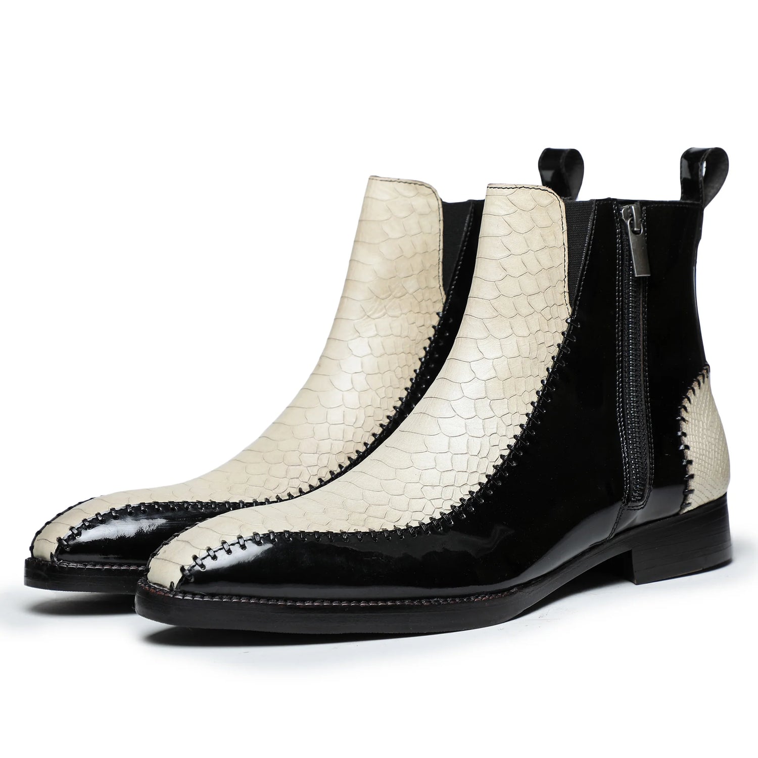 Dornford Dual-Tone Croc Zip Boots – Ivory & Jet Black