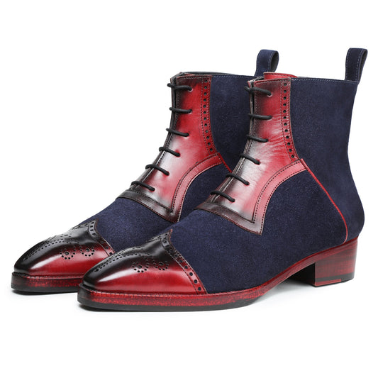 Dornford Royale Contrast Brogue Boots – Navy Suede & Crimson Leather