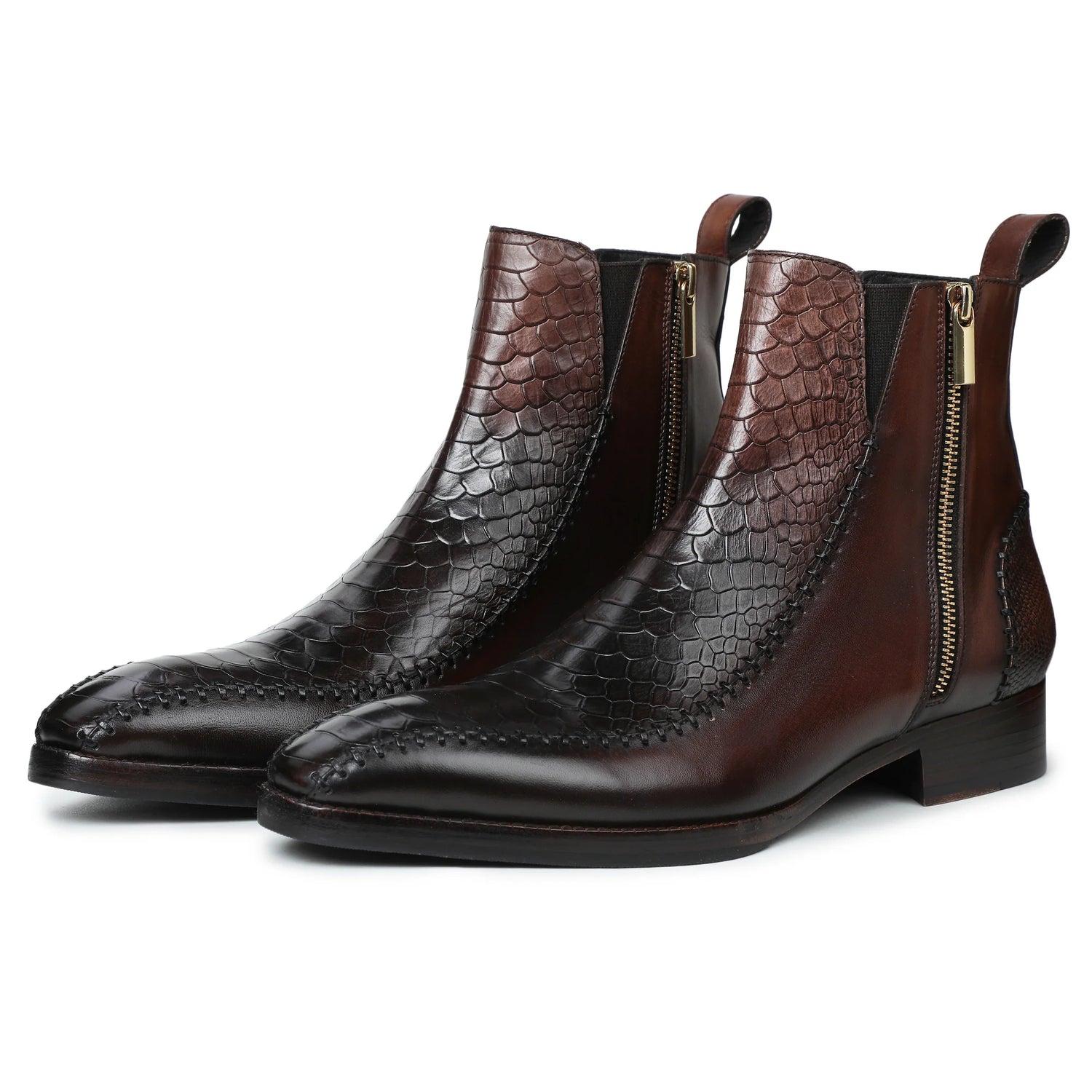 Dornford Croc-Textured Zip Boots – Deep Burnished Brown
