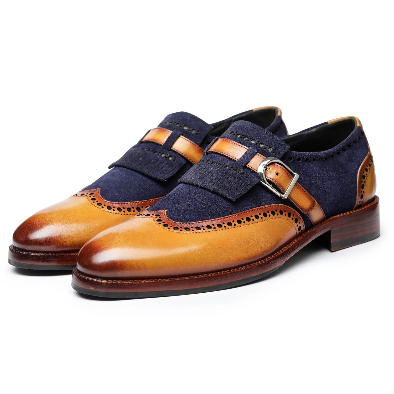 Dornford Wingtip Monk Strap – Tan & Navy Kiltie