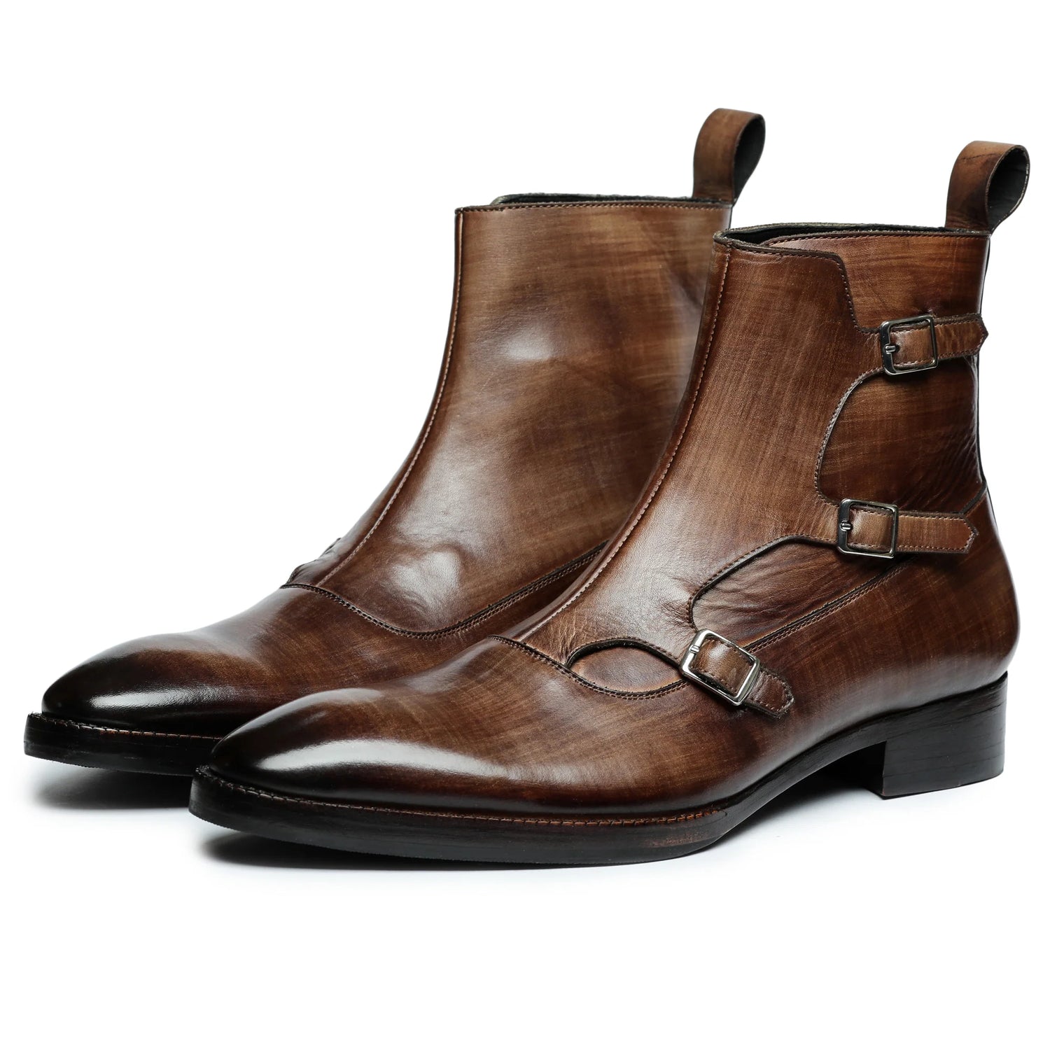 Dornford Triple Monk Strap Zip Boots – Classic Brown Patina