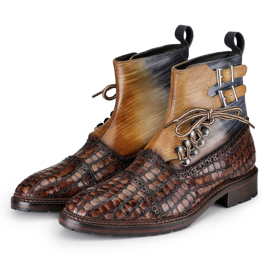 Dornford Imperial Croc-Texture Lace-Up Boots – Dual Patina Brown