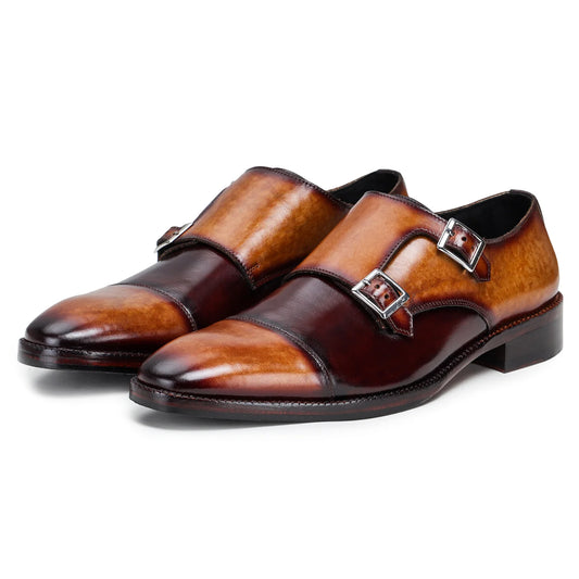 Dornford Captoe Double Monk Strap – Tan & Deep Brown Patina