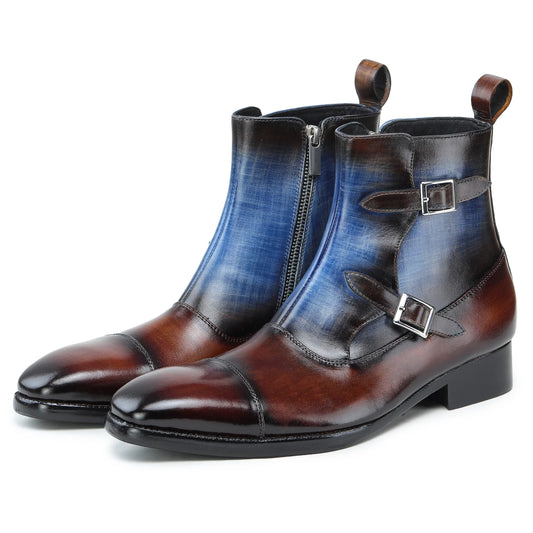 Dornford Cap-Toe Double Monk Zip Boots – Dual Patina Blue-Brown