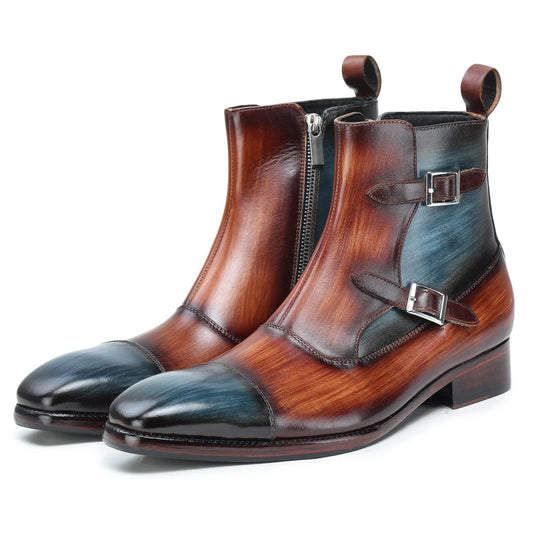 Dornford Cap-Toe Double Monk Zip Boots – Burnished Tan & Teal Patina