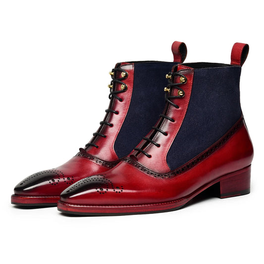 Dornford Imperial Contrast Boots – Crimson Leather & Navy Suede
