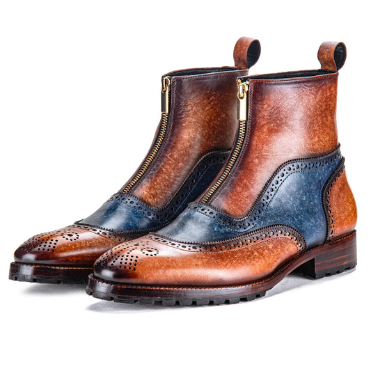 Dornford Dual-Tone Brogue Zip Boots – Vintage Tan & Indigo