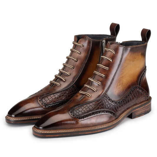 Dornford Heritage Croc-Panel Lace-Up Boots – Burnished Brown Patina