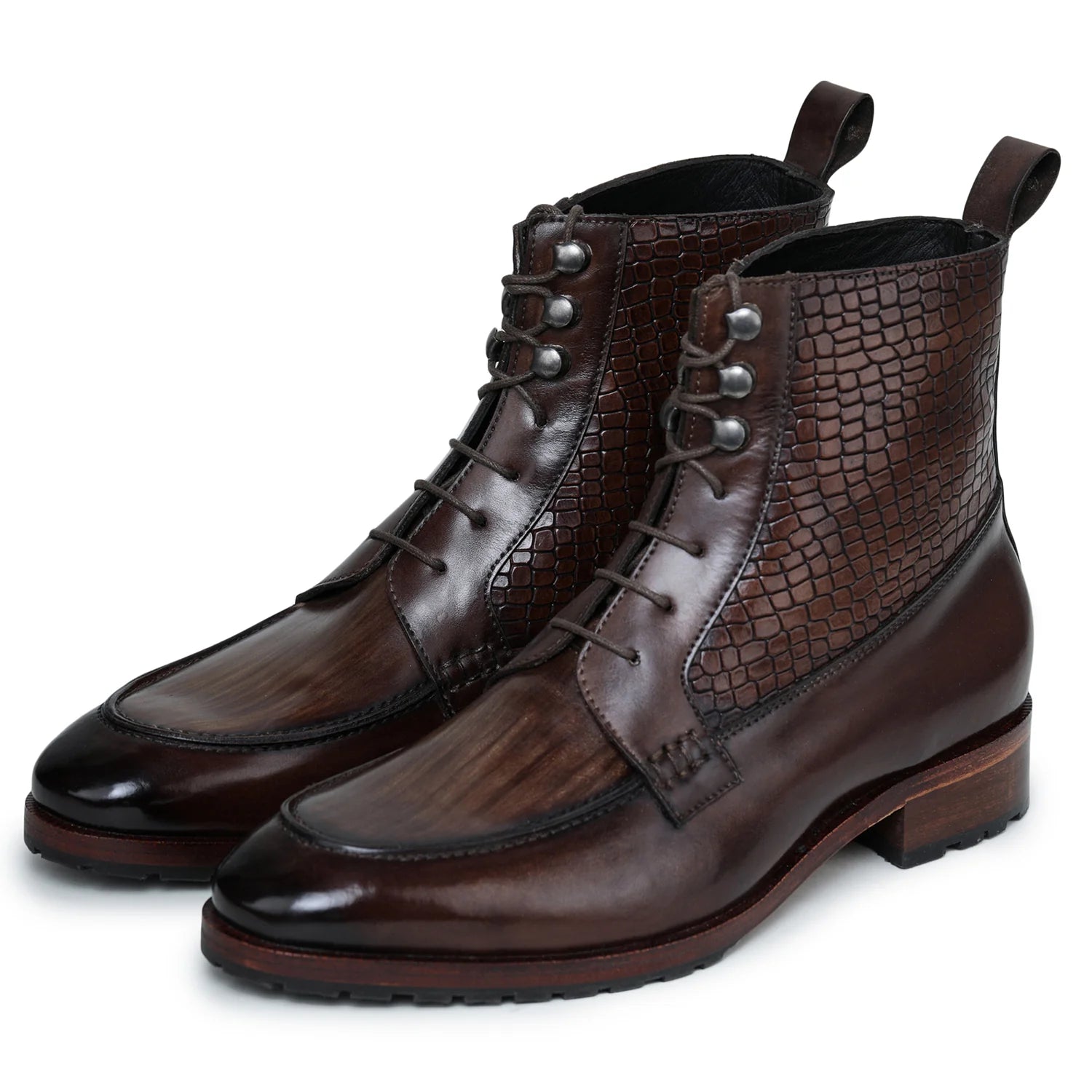Dornford Split Toe Derby Boots – Burnished Brown Croc Panel