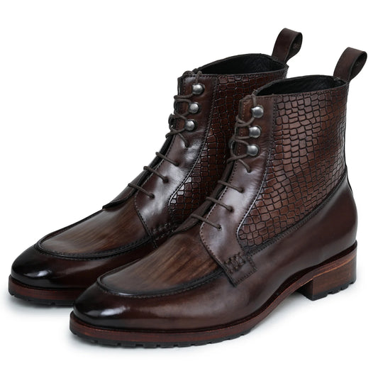 Dornford Split Toe Derby Boots – Burnished Brown Croc Panel