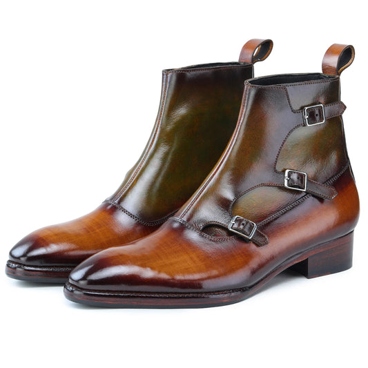 Dornford Dual Patina Triple Monk Strap Boots – Tan & Olive Hand-Finished Leather