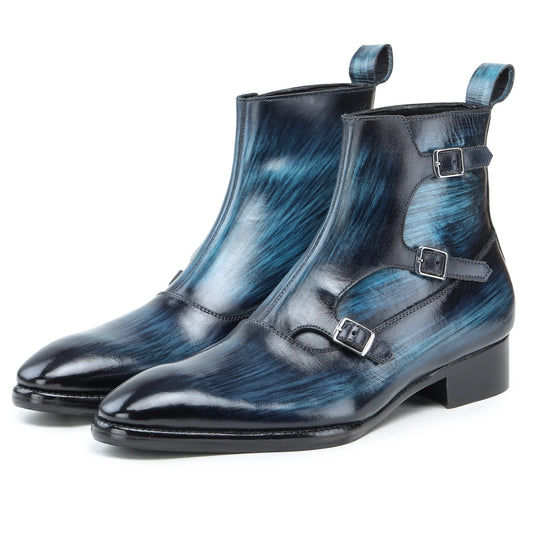Dornford Azure Patina Triple Monk Strap Boots – Deep Navy Hand-Finished Leather