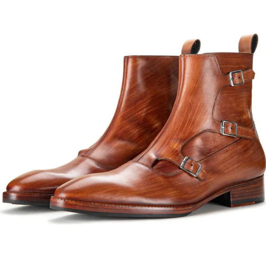 Dornford Heritage Triple Monk Strap Boots – Warm Tan Hand-Patina Leather