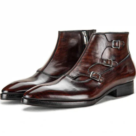 Dornford Triple Monk Strap Zip Boots – Deep Burgundy Patina