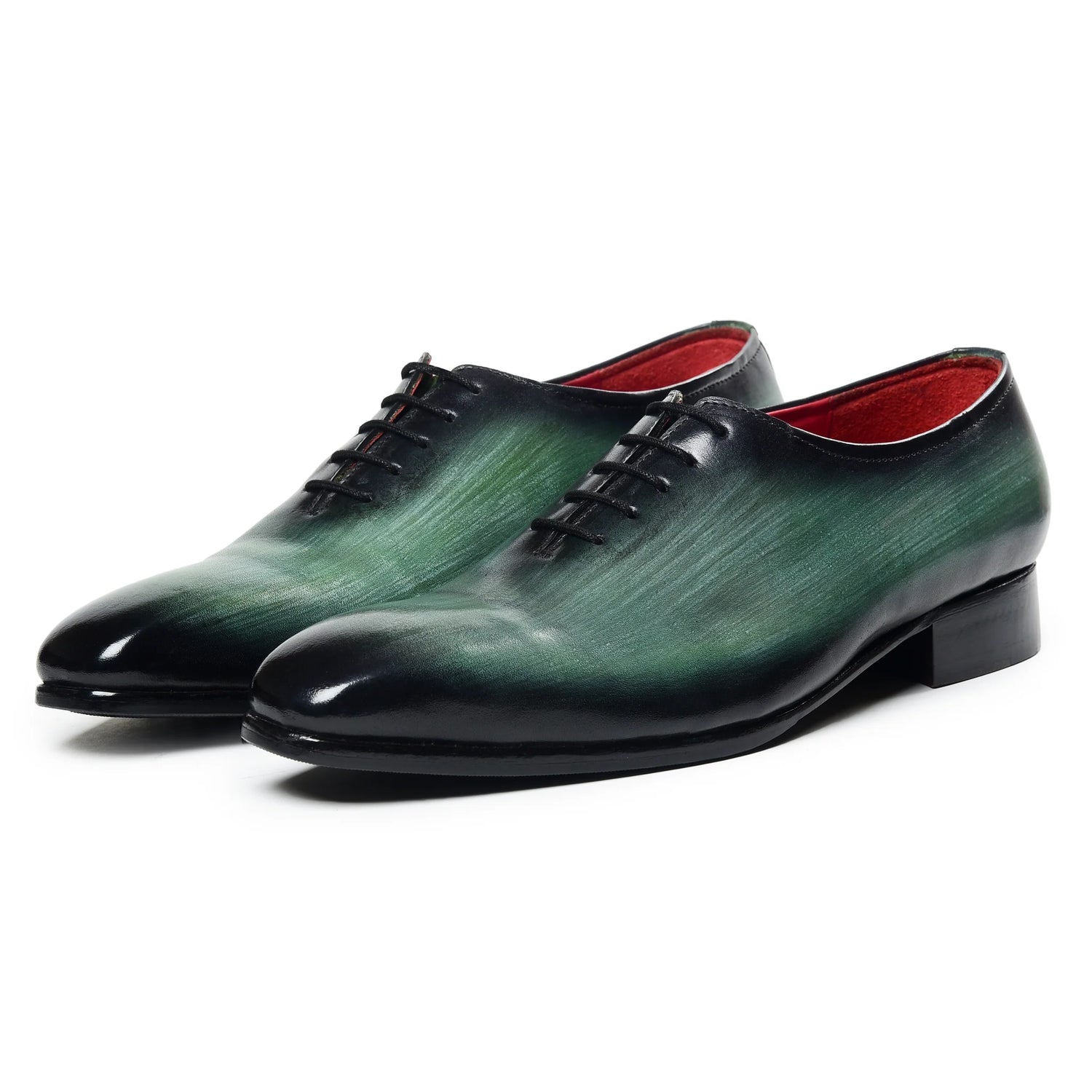 Dornford Wholecut Oxford Shoes – Black & Emerald Green Hand-Patina Leather