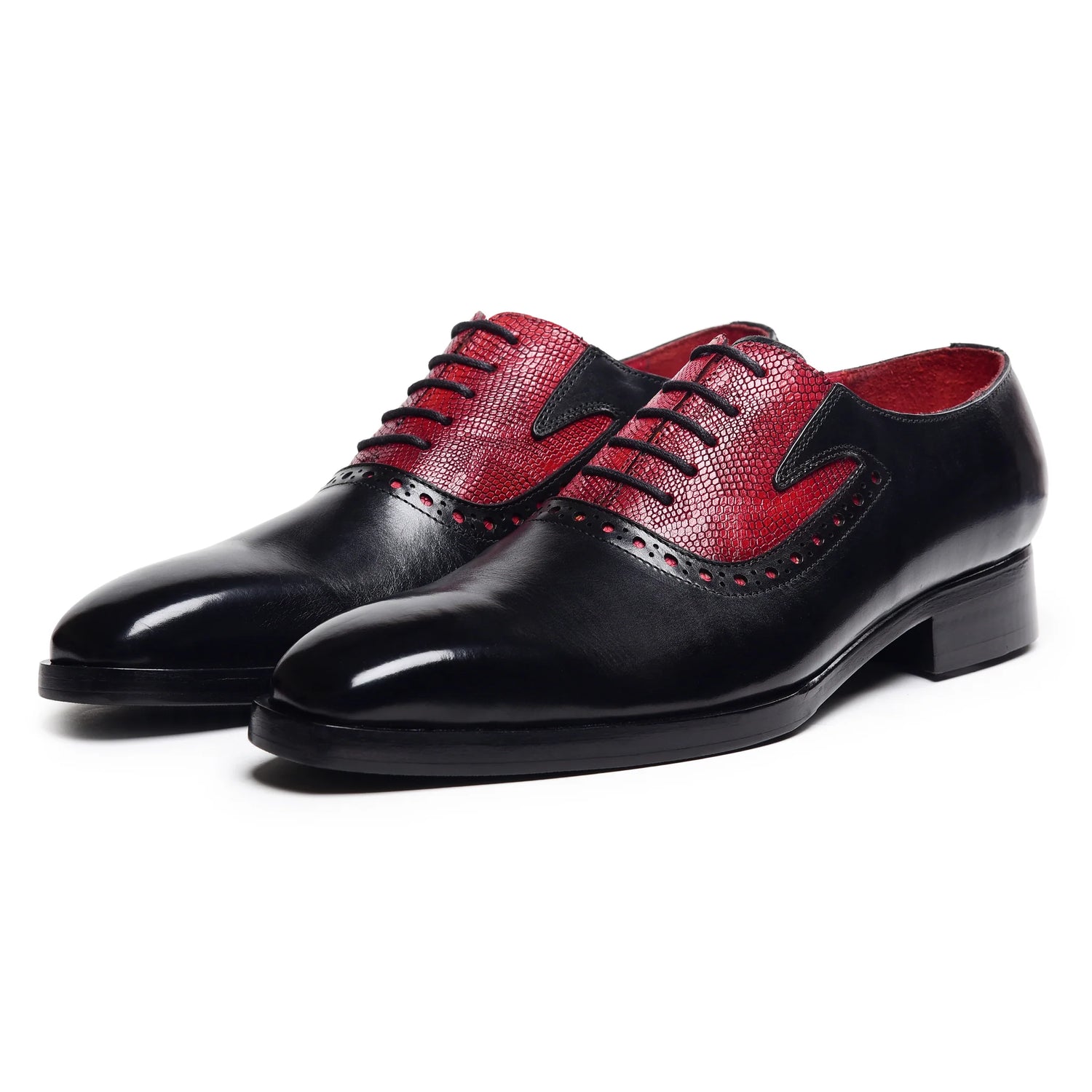 Dornford Saddle Oxford Shoes – Black & Red Textured Leather