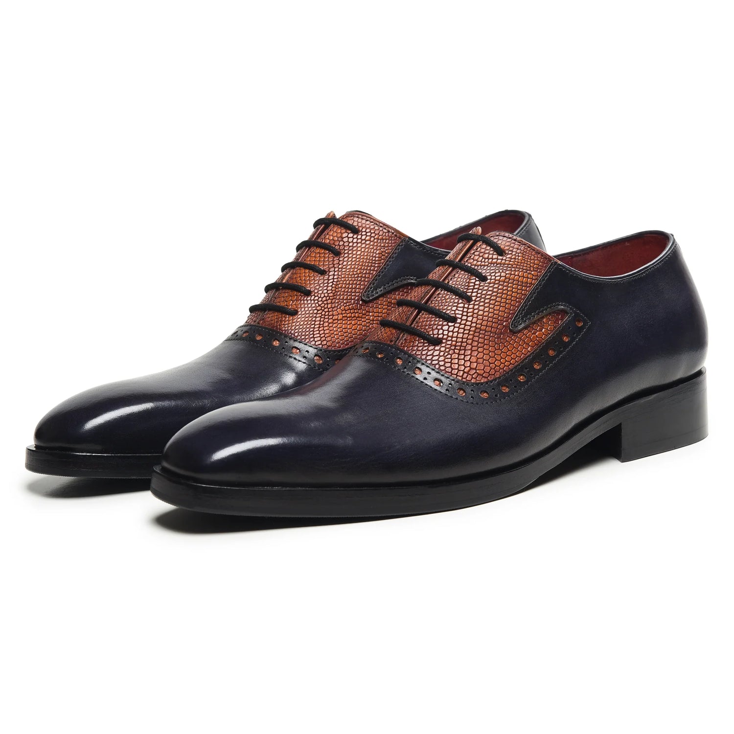 Dornford Saddle Oxford Shoes – Black & Cognac Textured Leather