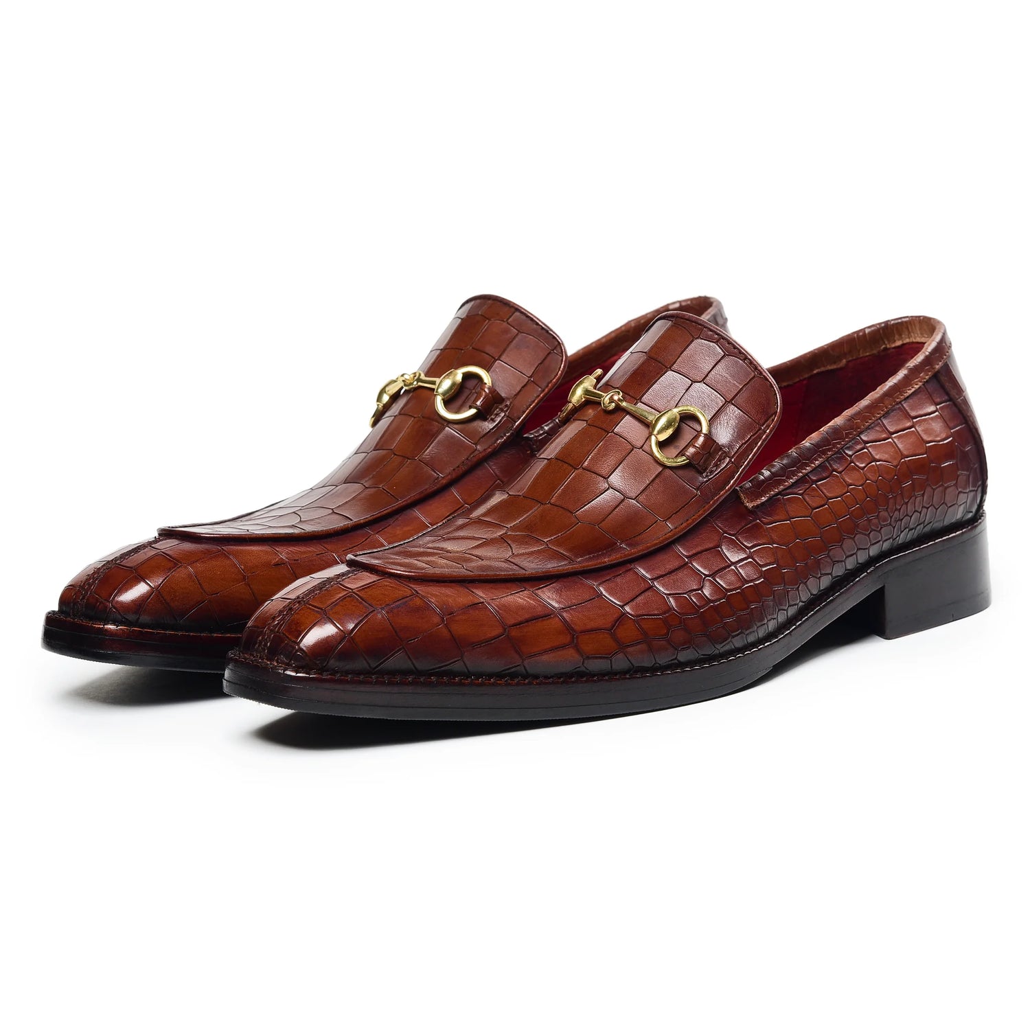 Dornford Horsebit Loafers – Chestnut Croc-Embossed Leather
