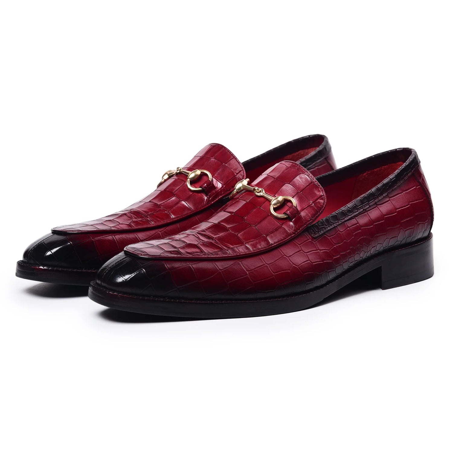 Dornford Horsebit Loafers – Burgundy Black Hand-Painted Croc-Embossed Leather