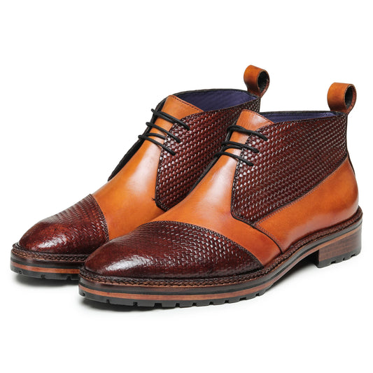 Dornford Cap Toe Derby Boots – Woven Burgundy & Tan Dual Tone