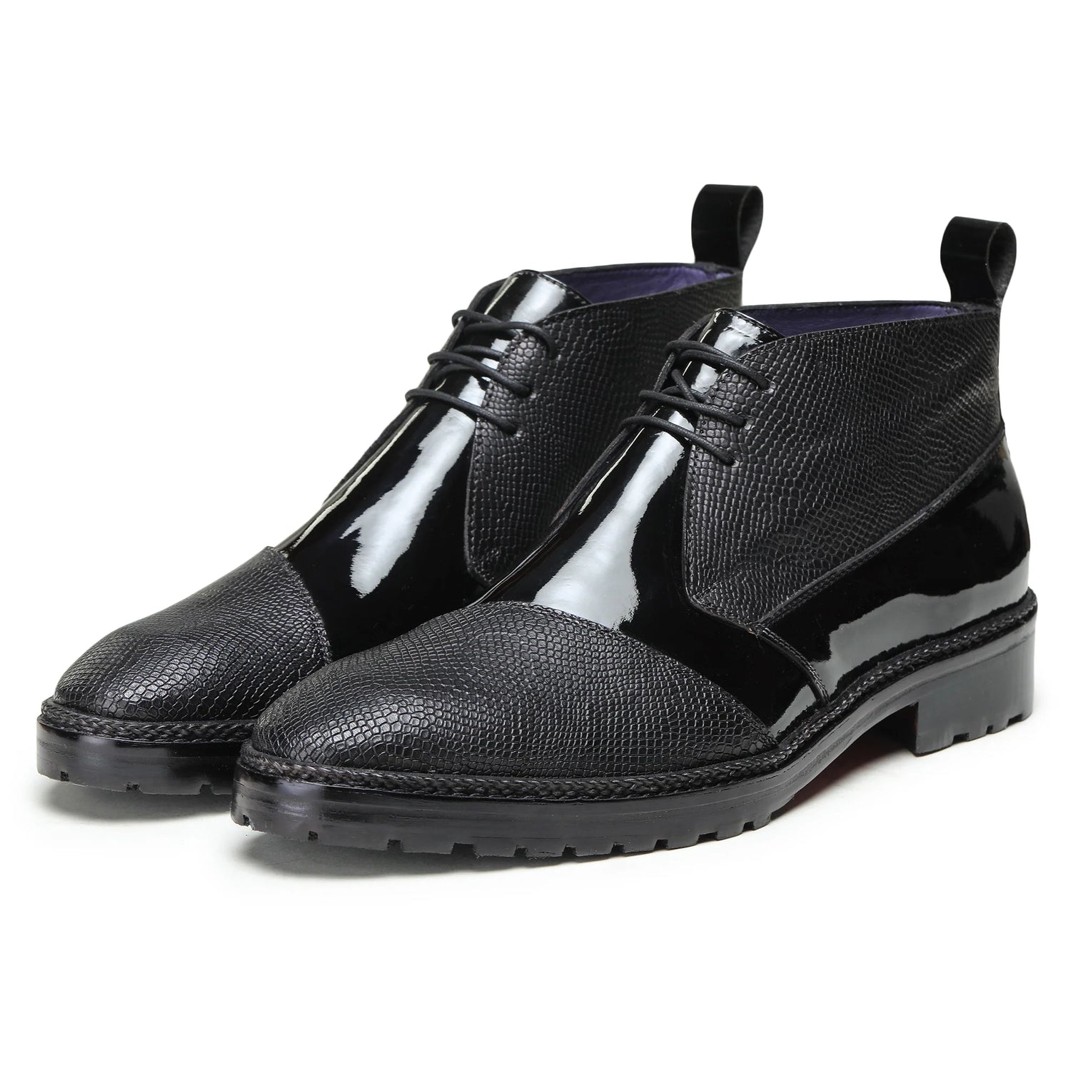 Dornford Cap Toe Derby Boots – Gloss Black & Textured Leather