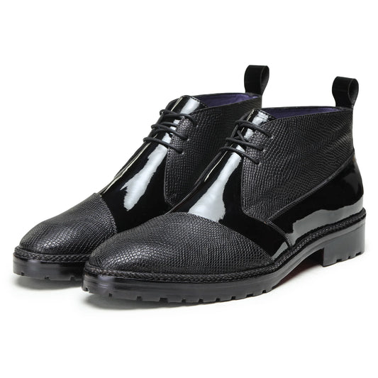 Dornford Cap Toe Derby Boots – Gloss Black & Textured Leather
