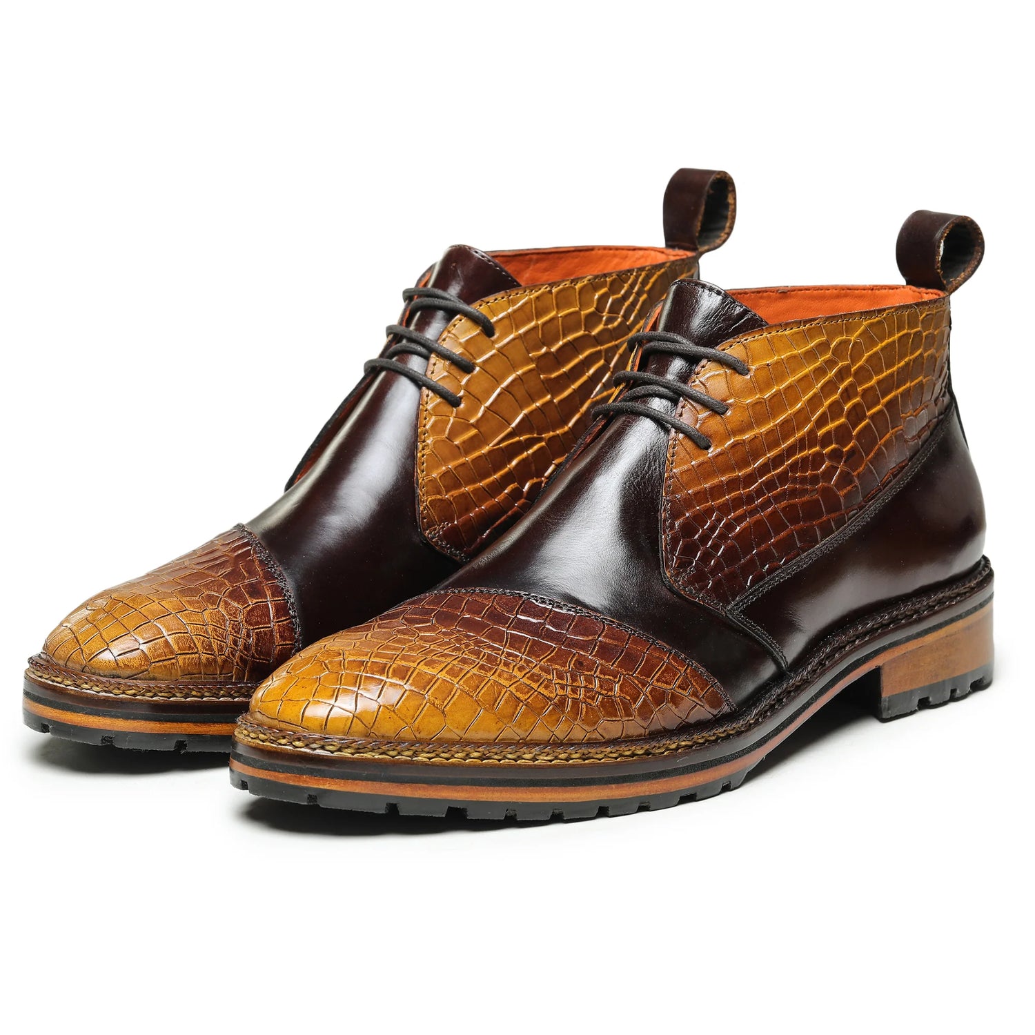 Dornford Cap Toe Derby Boots – Dual Tone Croc Tan & Espresso