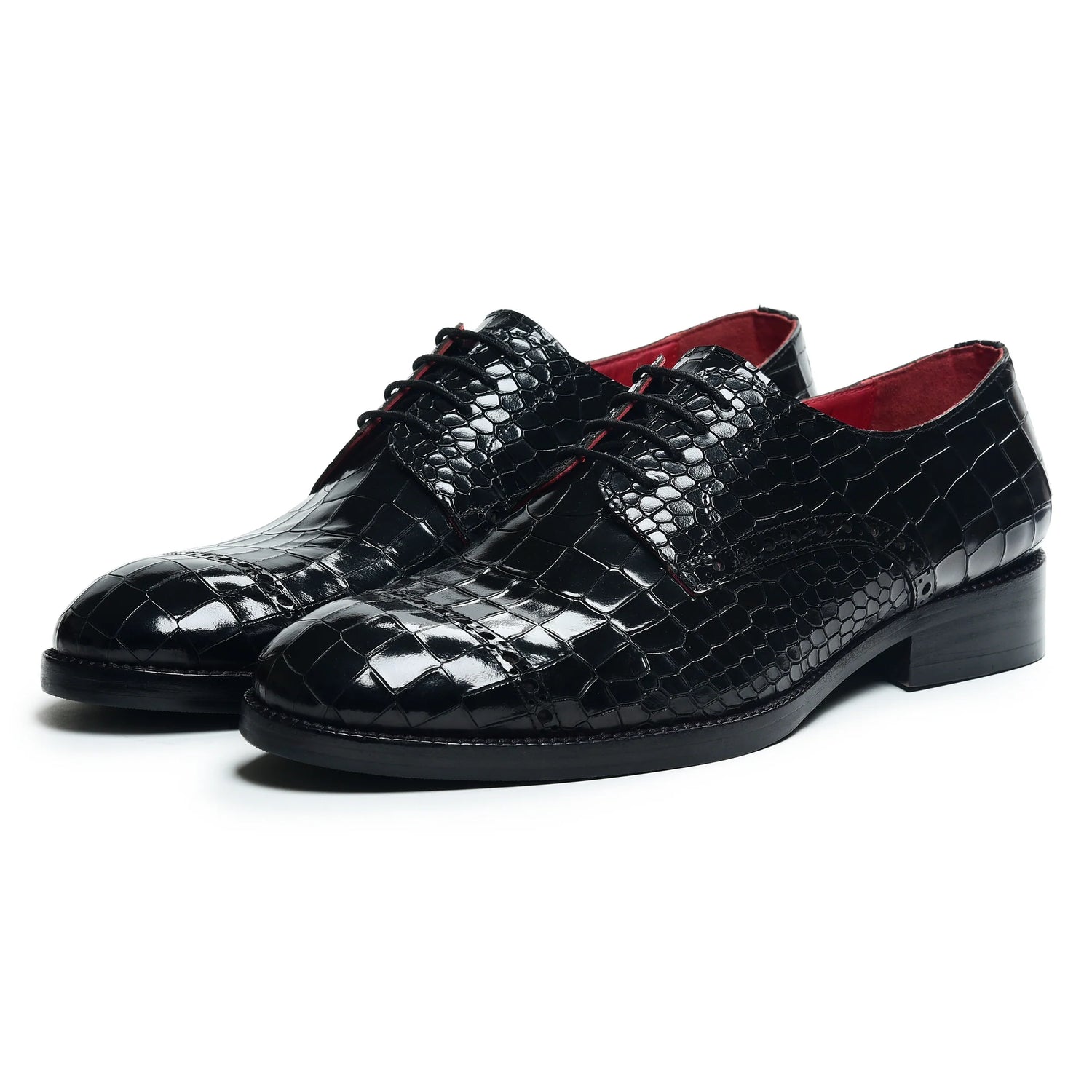 Regent Wingtip Derby Shoes – Black Croc Embossed Leather