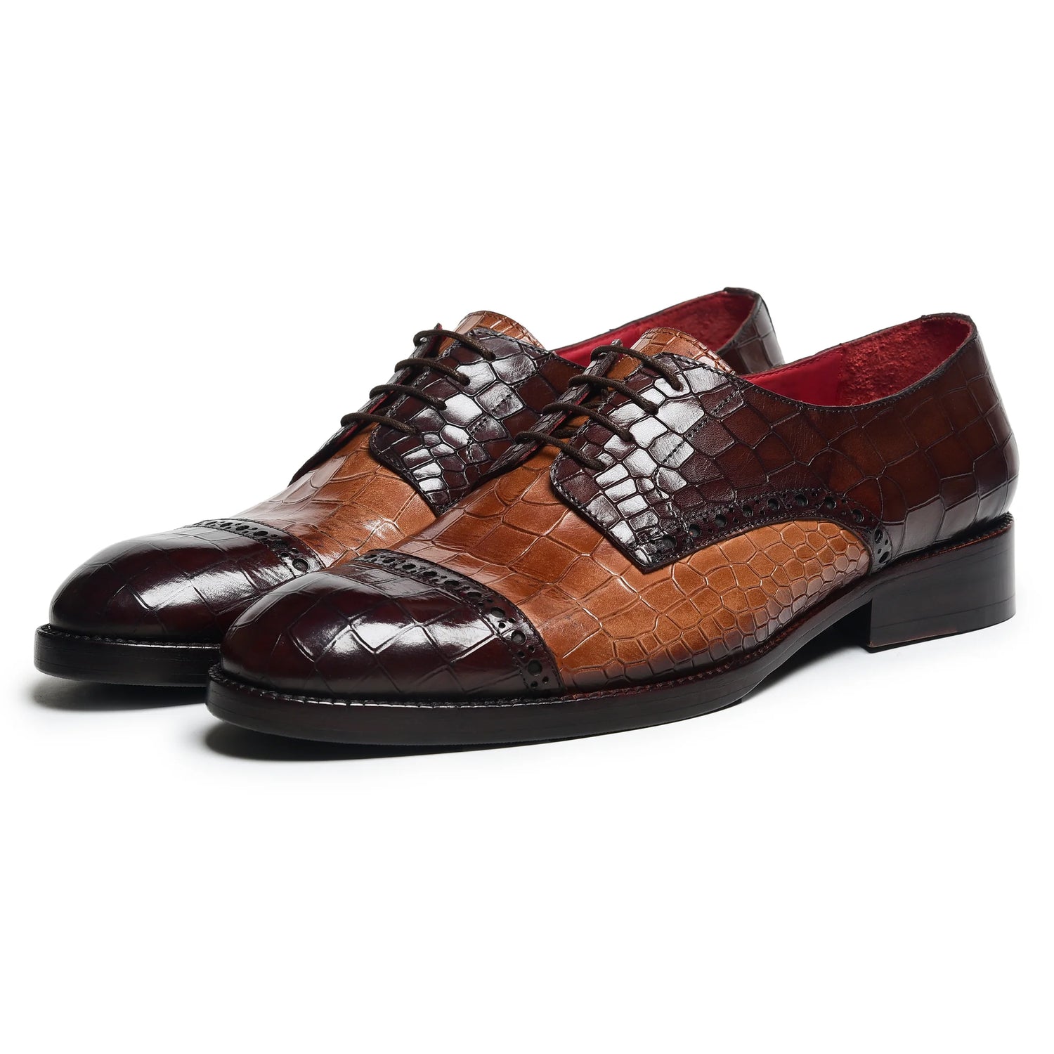 Regent Two-Tone Wingtip Derby Shoes – Tan & Dark Brown Croc Embossed Leather
