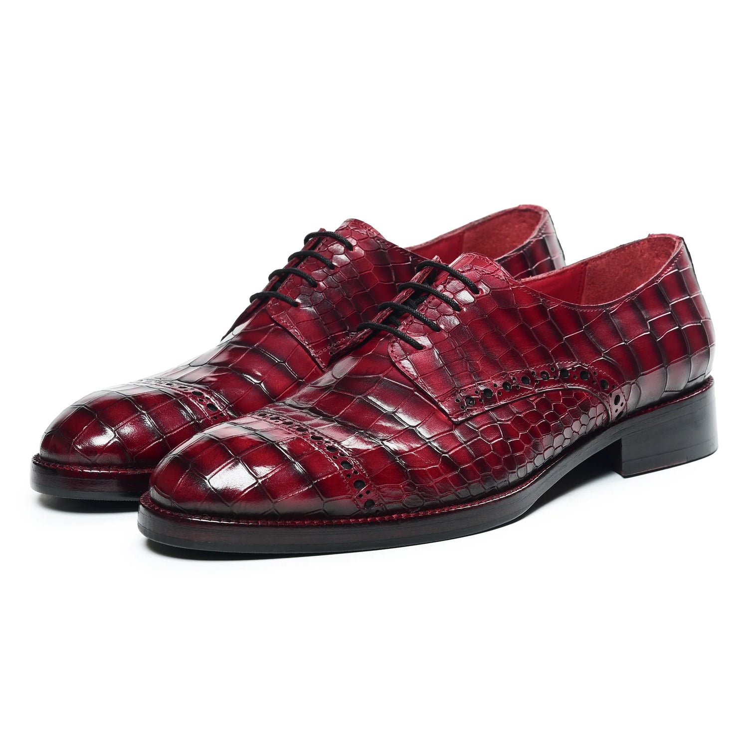 Kingsley Wingtip Derby Shoes – Burgundy Croc Embossed Leather