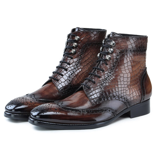 Dornford Luxe Croc-Embossed Wingtip Lace-Up Boots – Deep Brown Patina