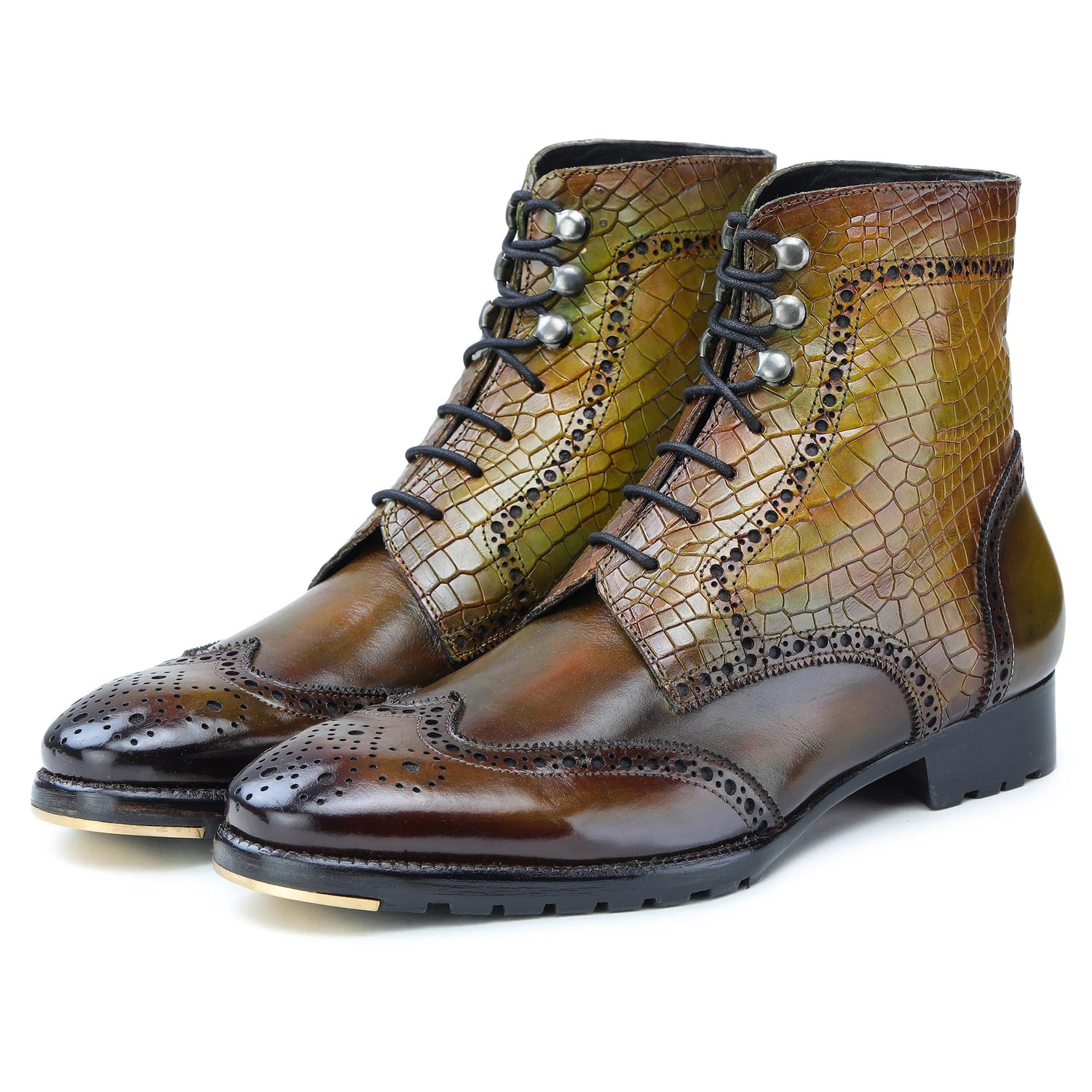 Dornford Croc Wingtip Lace-Up Boots – Olive & Brown Patina