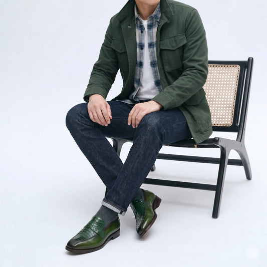 Dornford Croc-Embossed Penny Loafers – Forest Green Leather