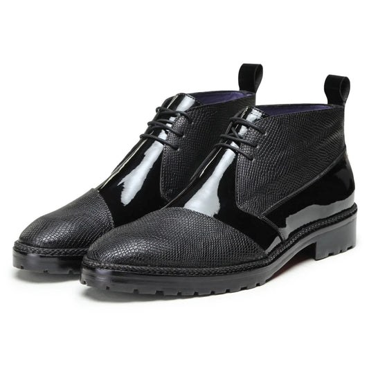 Dornford Cap Toe Derby Boots – Gloss Black & Textured Leather