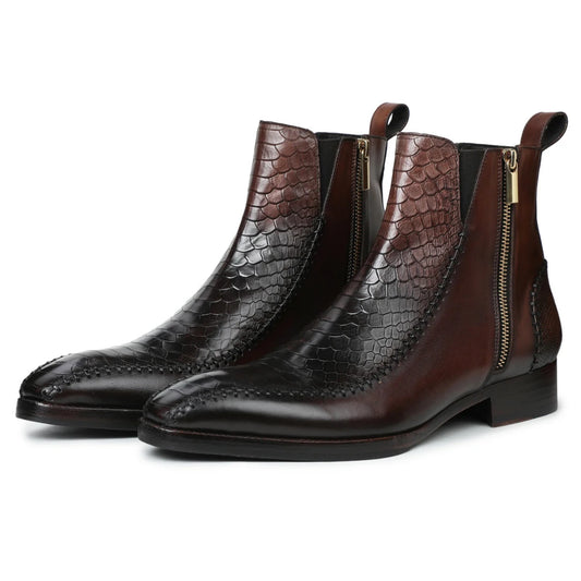 Dornford Croc-Textured Zip Boots – Deep Burnished Brown